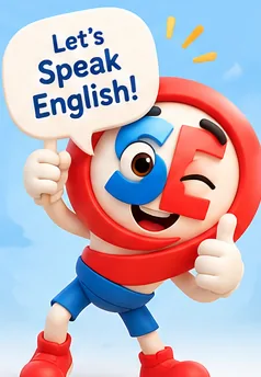 SE, la mascota de Smart English, con un cartel que dice Let's Speak English